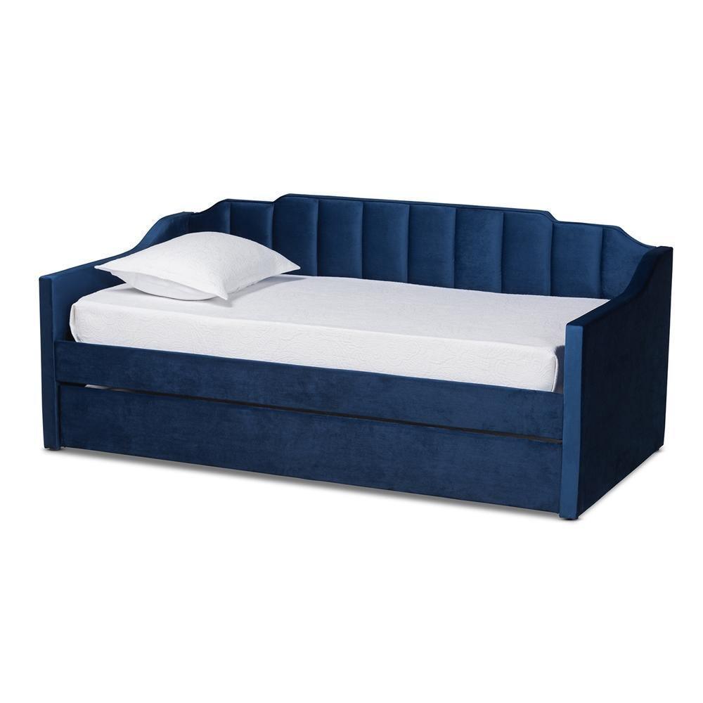 Lennon Modern and Contemporary Navy Blue Velvet Fabric Upholstered Twin Size Daybed with Trundle FredCo