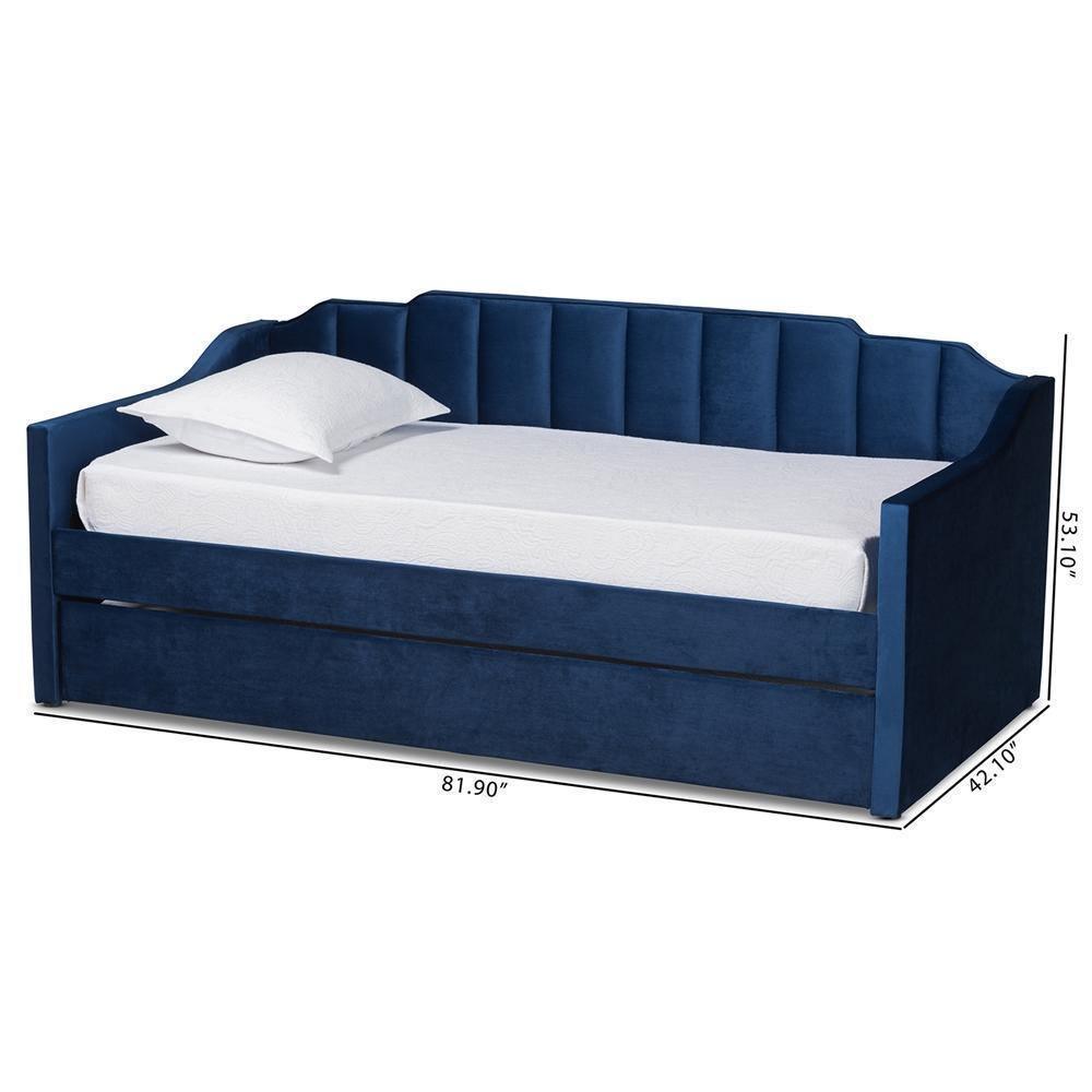Lennon Modern and Contemporary Navy Blue Velvet Fabric Upholstered Twin Size Daybed with Trundle FredCo