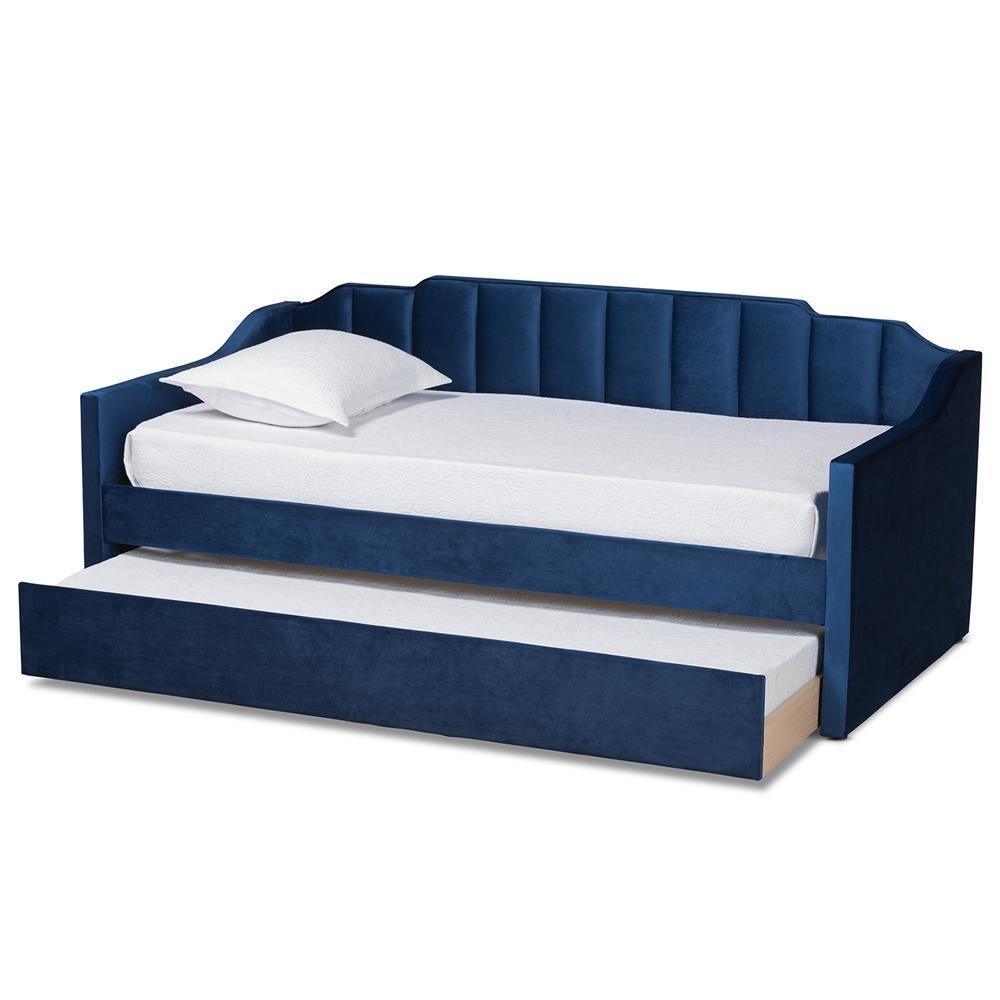 Lennon Modern and Contemporary Navy Blue Velvet Fabric Upholstered Twin Size Daybed with Trundle FredCo