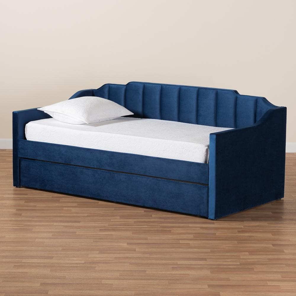 Lennon Modern and Contemporary Navy Blue Velvet Fabric Upholstered Twin Size Daybed with Trundle FredCo