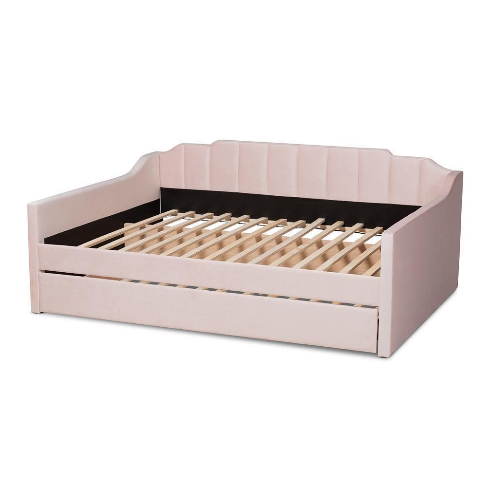 Lennon Modern and Contemporary Pink Velvet Fabric Upholstered Full Size Daybed with Trundle FredCo