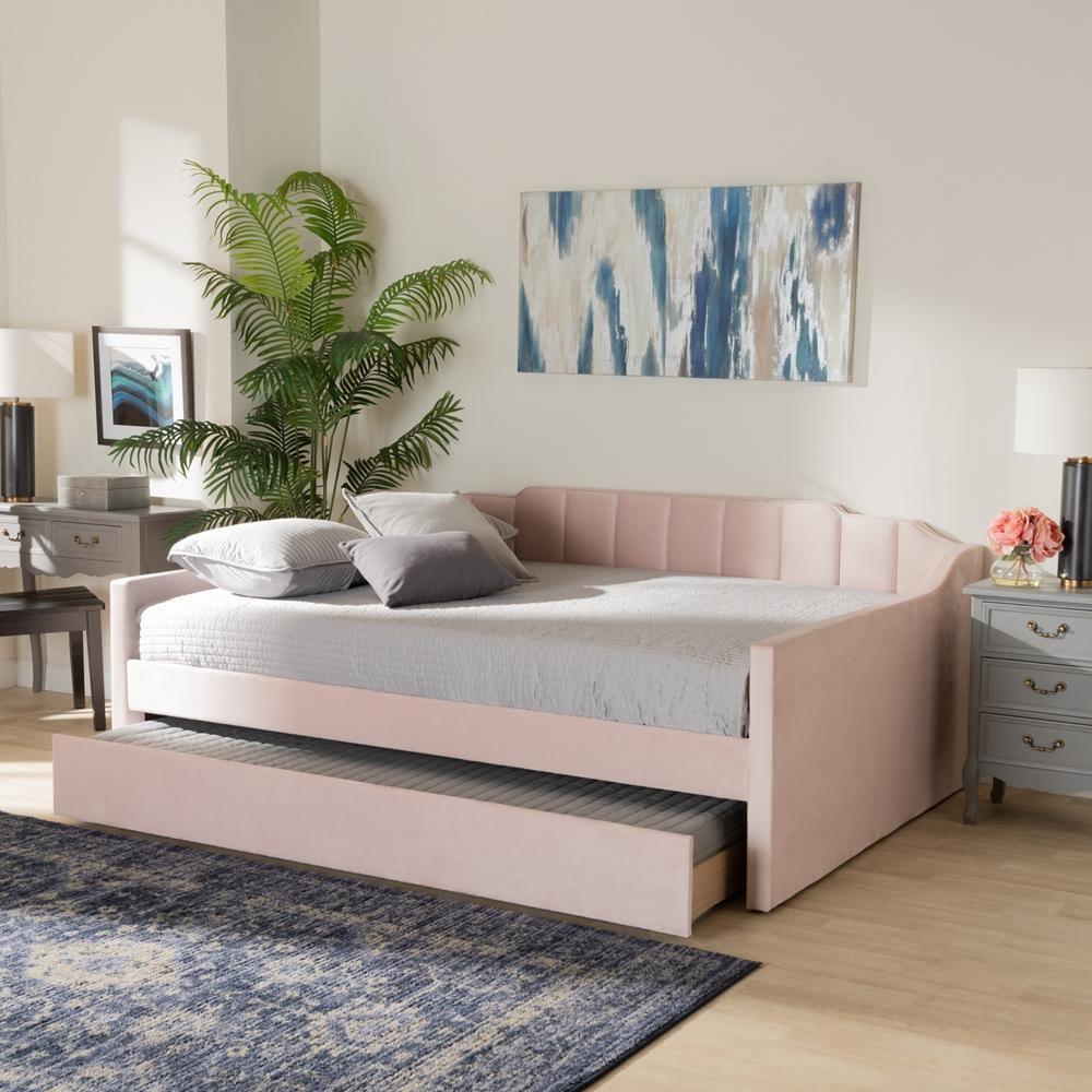 Lennon Modern and Contemporary Pink Velvet Fabric Upholstered Full Size Daybed with Trundle FredCo