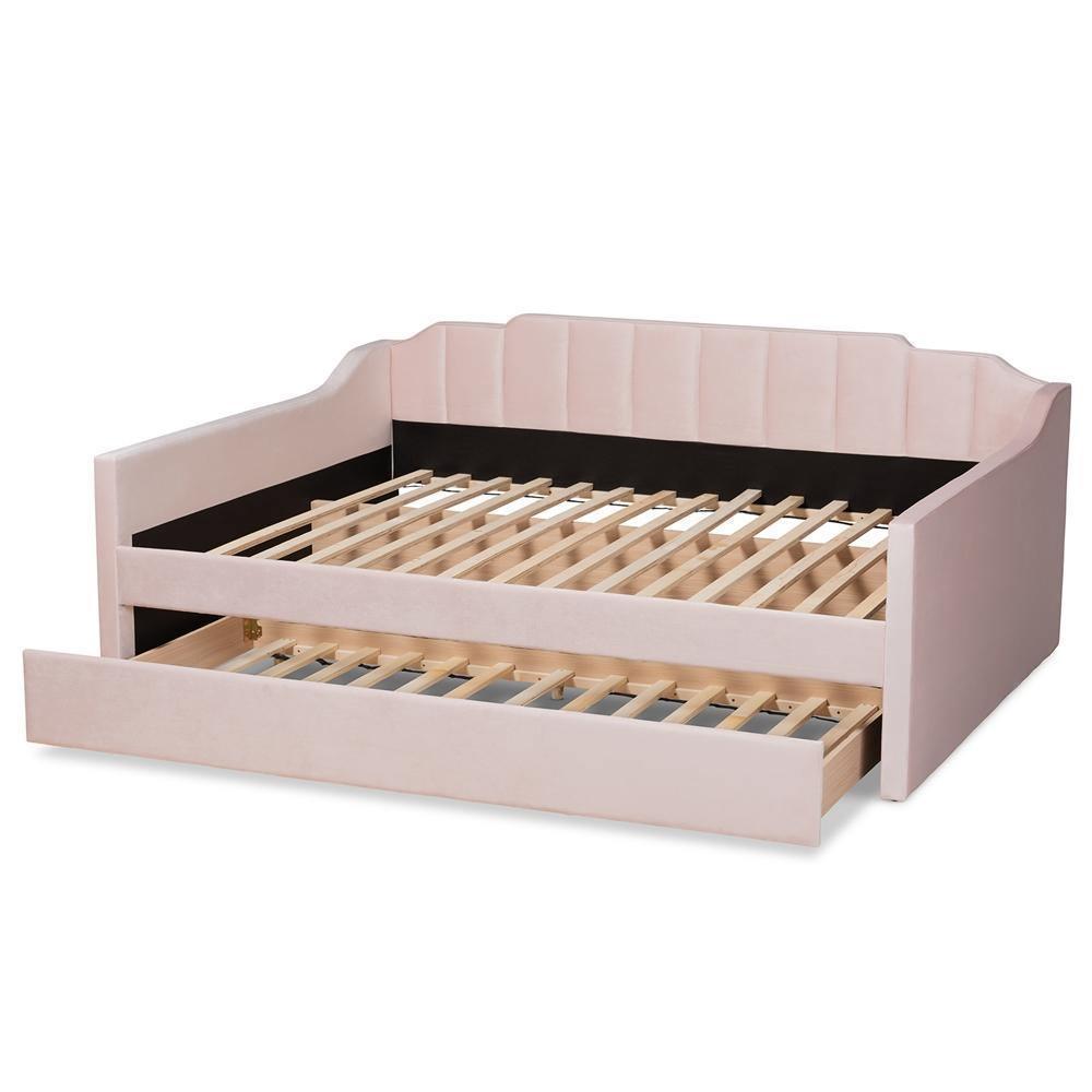 Lennon Modern and Contemporary Pink Velvet Fabric Upholstered Full Size Daybed with Trundle FredCo