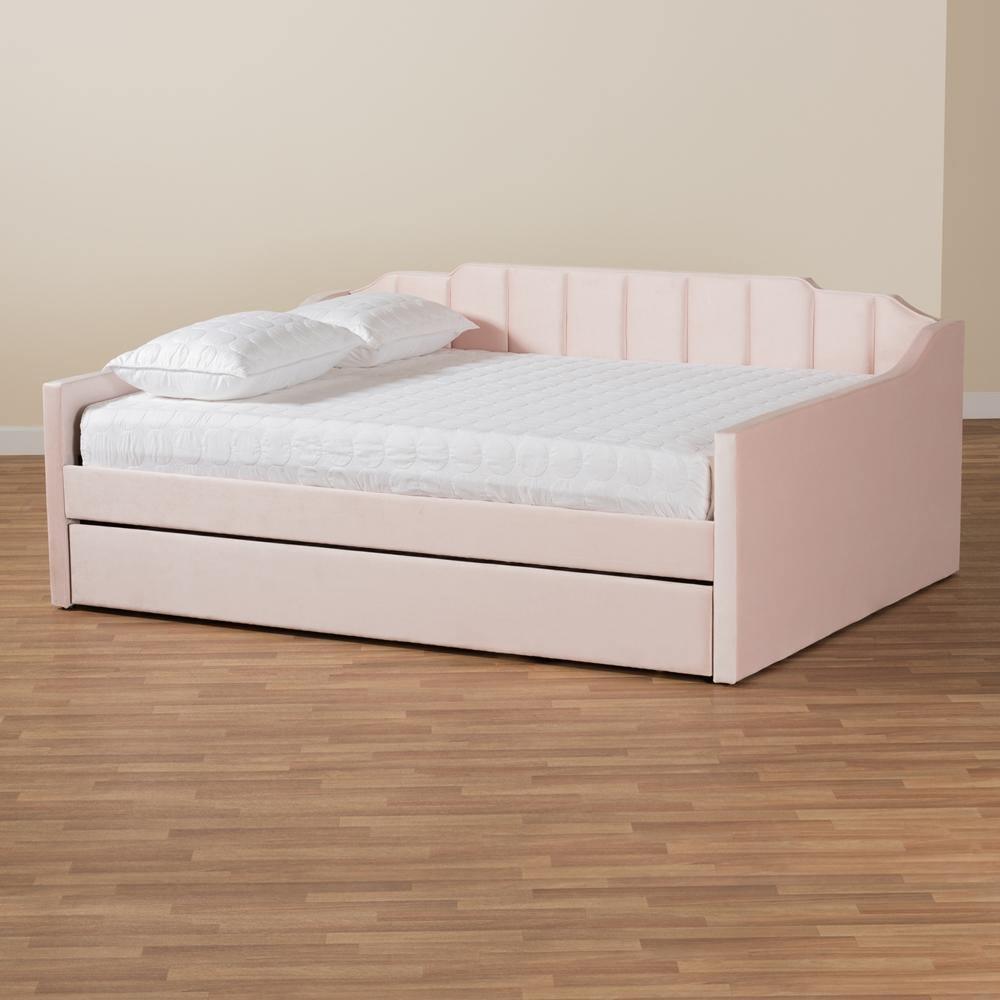 Lennon Modern and Contemporary Pink Velvet Fabric Upholstered Full Size Daybed with Trundle FredCo