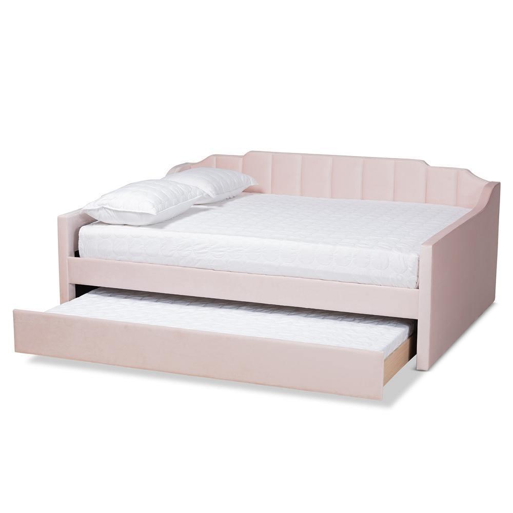 Lennon Modern and Contemporary Pink Velvet Fabric Upholstered Full Size Daybed with Trundle FredCo