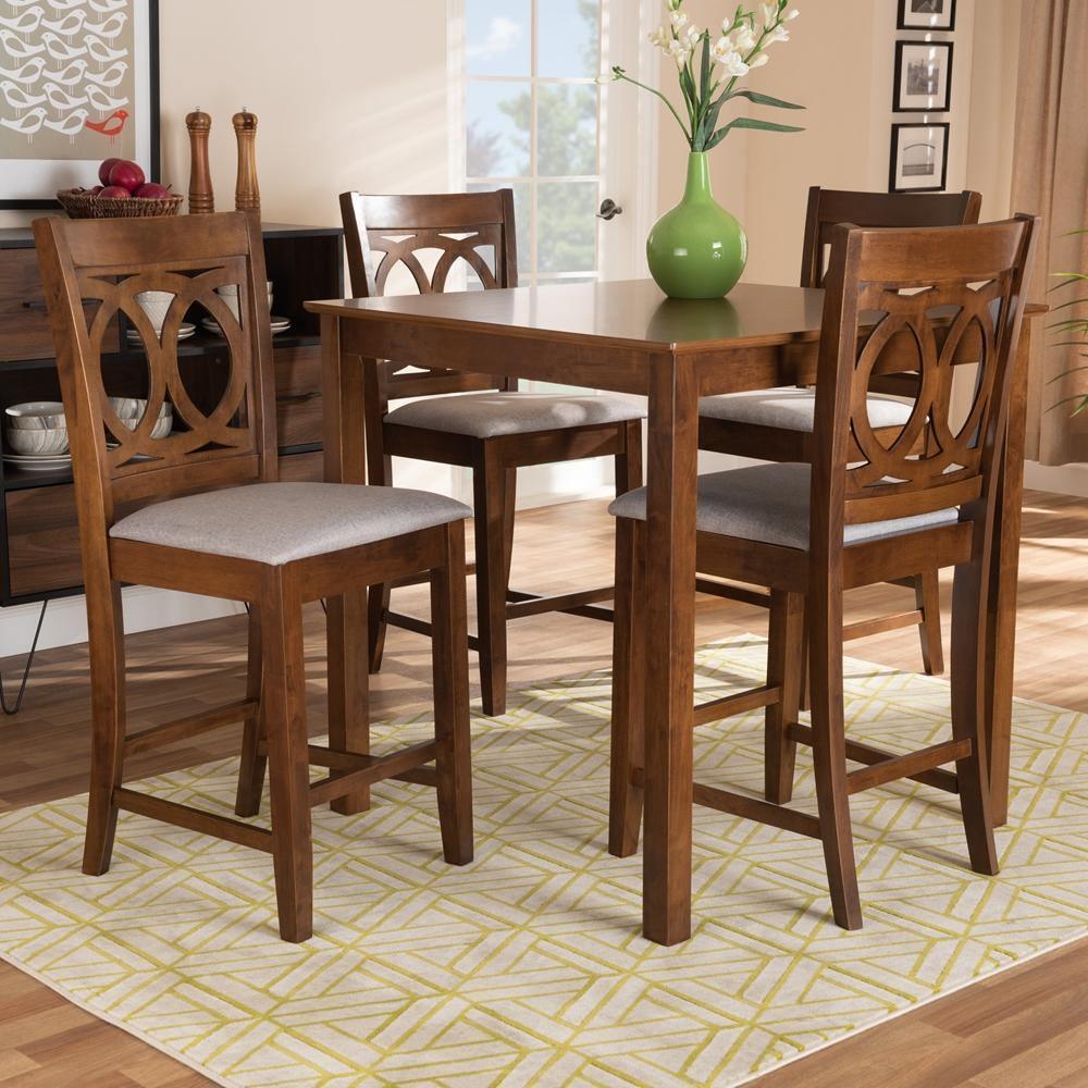 Lenoir Modern and Contemporary Grey Fabric Upholstered Walnut Brown Finished 5-Piece Wood Pub Set FredCo