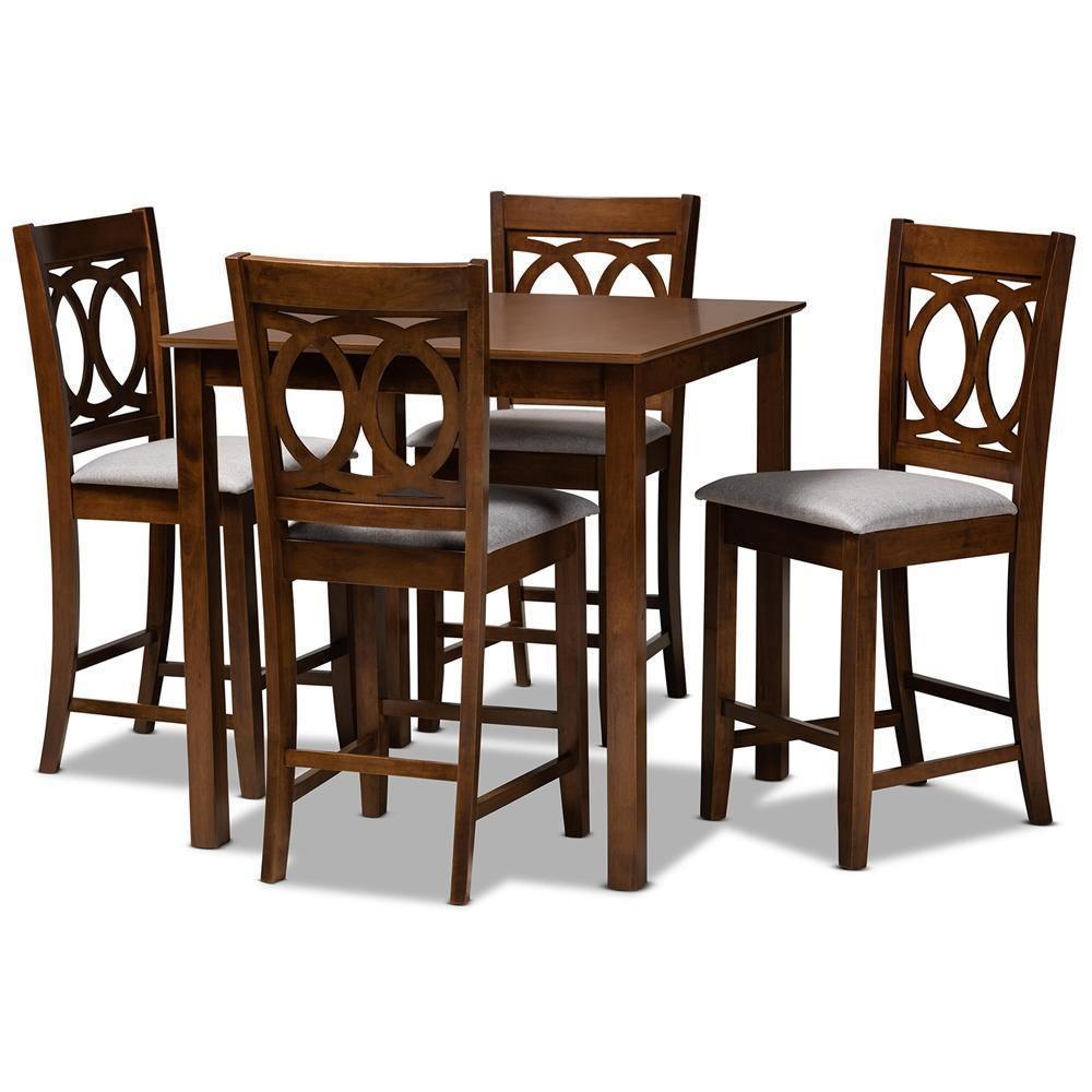 Lenoir Modern and Contemporary Grey Fabric Upholstered Walnut Brown Finished 5-Piece Wood Pub Set FredCo