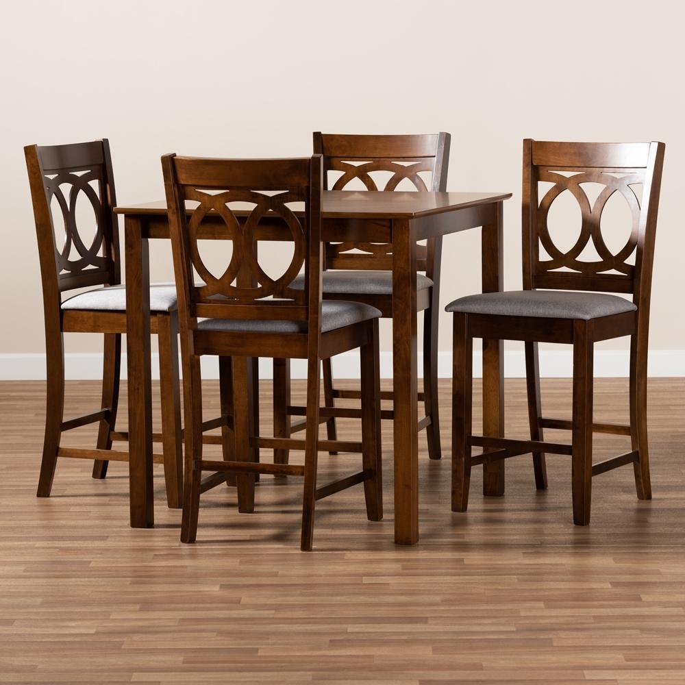 Lenoir Modern and Contemporary Grey Fabric Upholstered Walnut Brown Finished 5-Piece Wood Pub Set FredCo