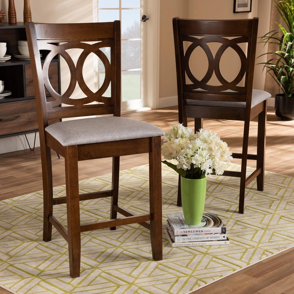 Lenoir Modern and Contemporary Grey Fabric Upholstered Walnut Brown Finished Wood 2-Piece Counter Height Pub Chair Set FredCo