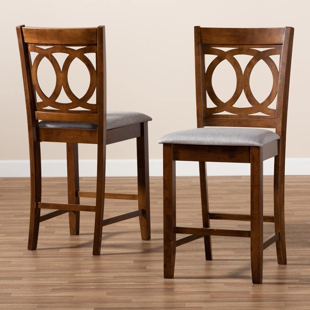 Lenoir Modern and Contemporary Grey Fabric Upholstered Walnut Brown Finished Wood 2-Piece Counter Height Pub Chair Set FredCo