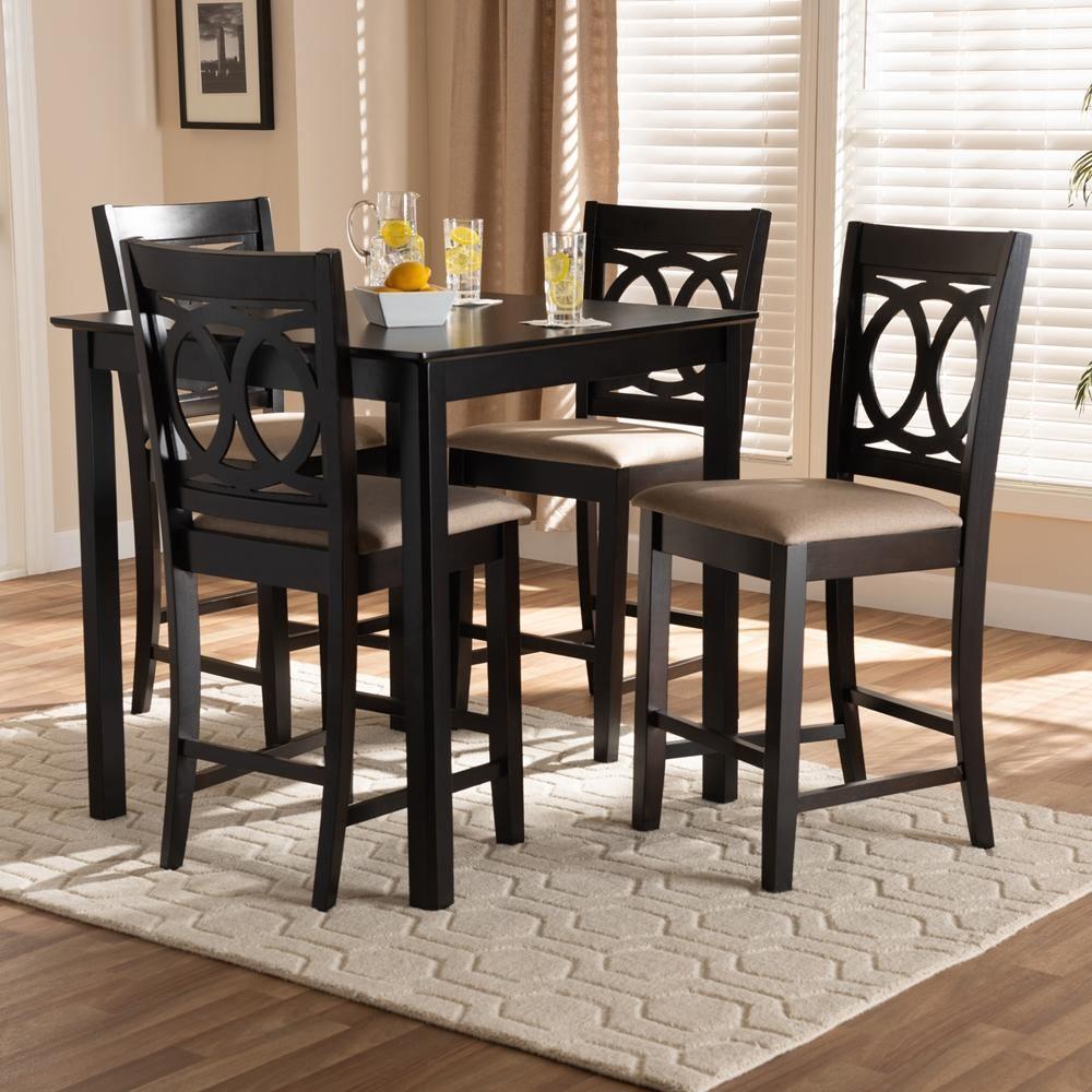 Lenoir Modern and Contemporary Sand Fabric Upholstered Espresso Brown Finished 5-Piece Wood Pub Set FredCo