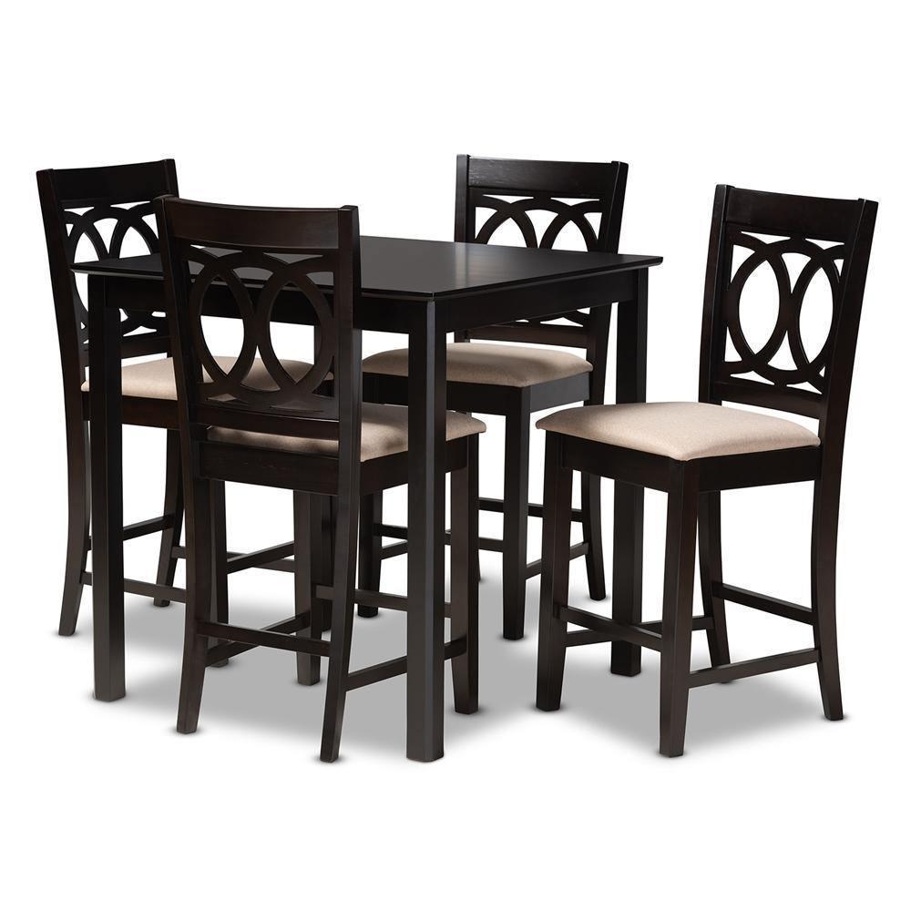 Lenoir Modern and Contemporary Sand Fabric Upholstered Espresso Brown Finished 5-Piece Wood Pub Set FredCo