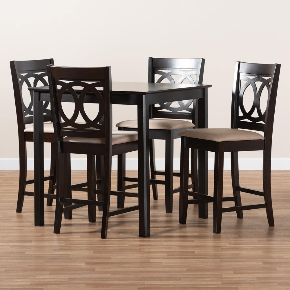 Lenoir Modern and Contemporary Sand Fabric Upholstered Espresso Brown Finished 5-Piece Wood Pub Set FredCo