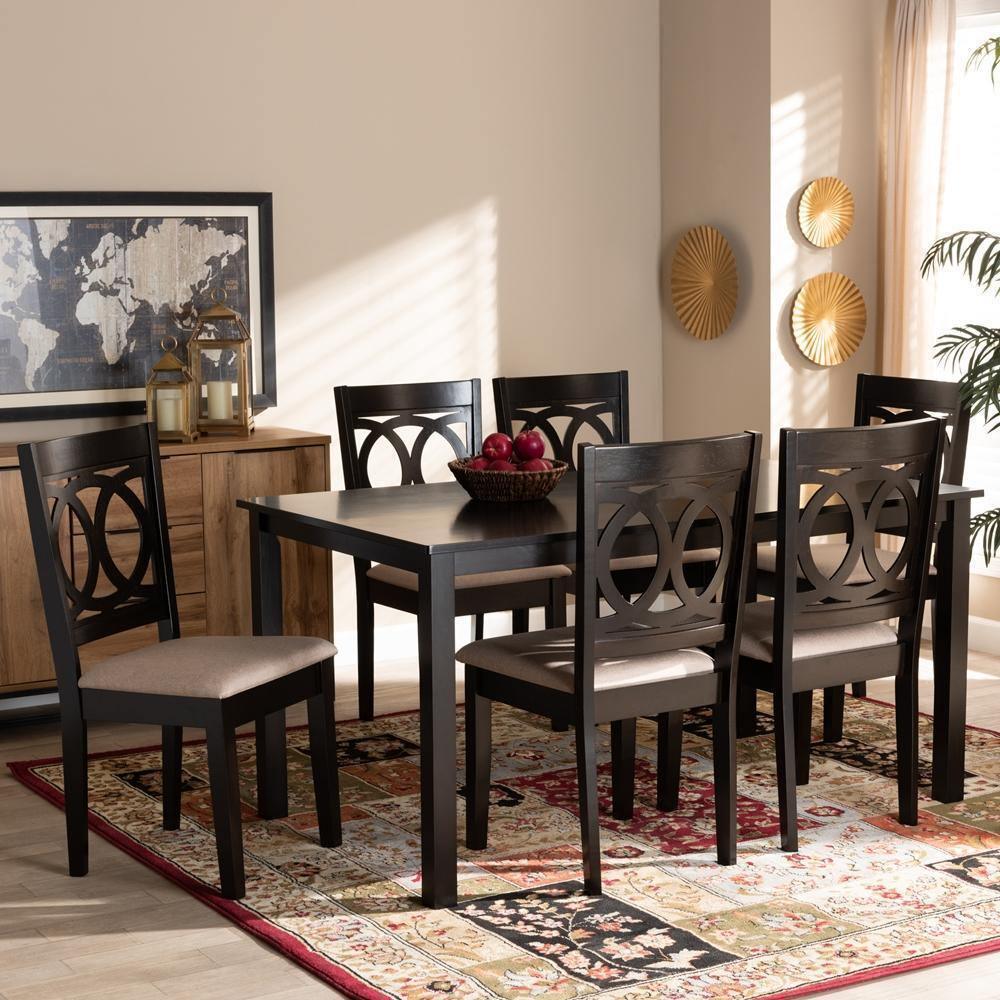 Lenoir Modern and Contemporary Sand Fabric Upholstered Espresso Brown Finished Wood 7-Piece Dining Set FredCo