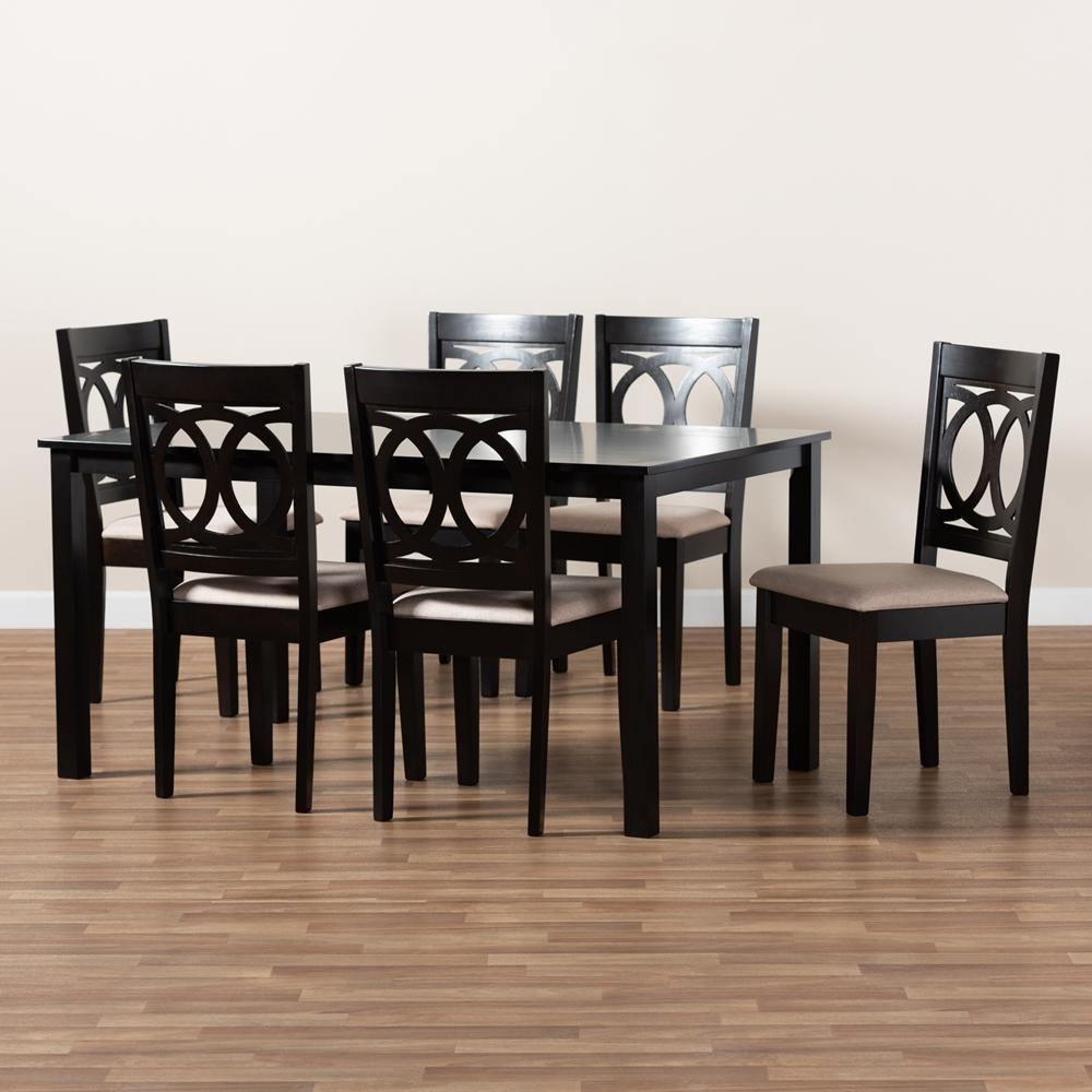 Lenoir Modern and Contemporary Sand Fabric Upholstered Espresso Brown Finished Wood 7-Piece Dining Set FredCo