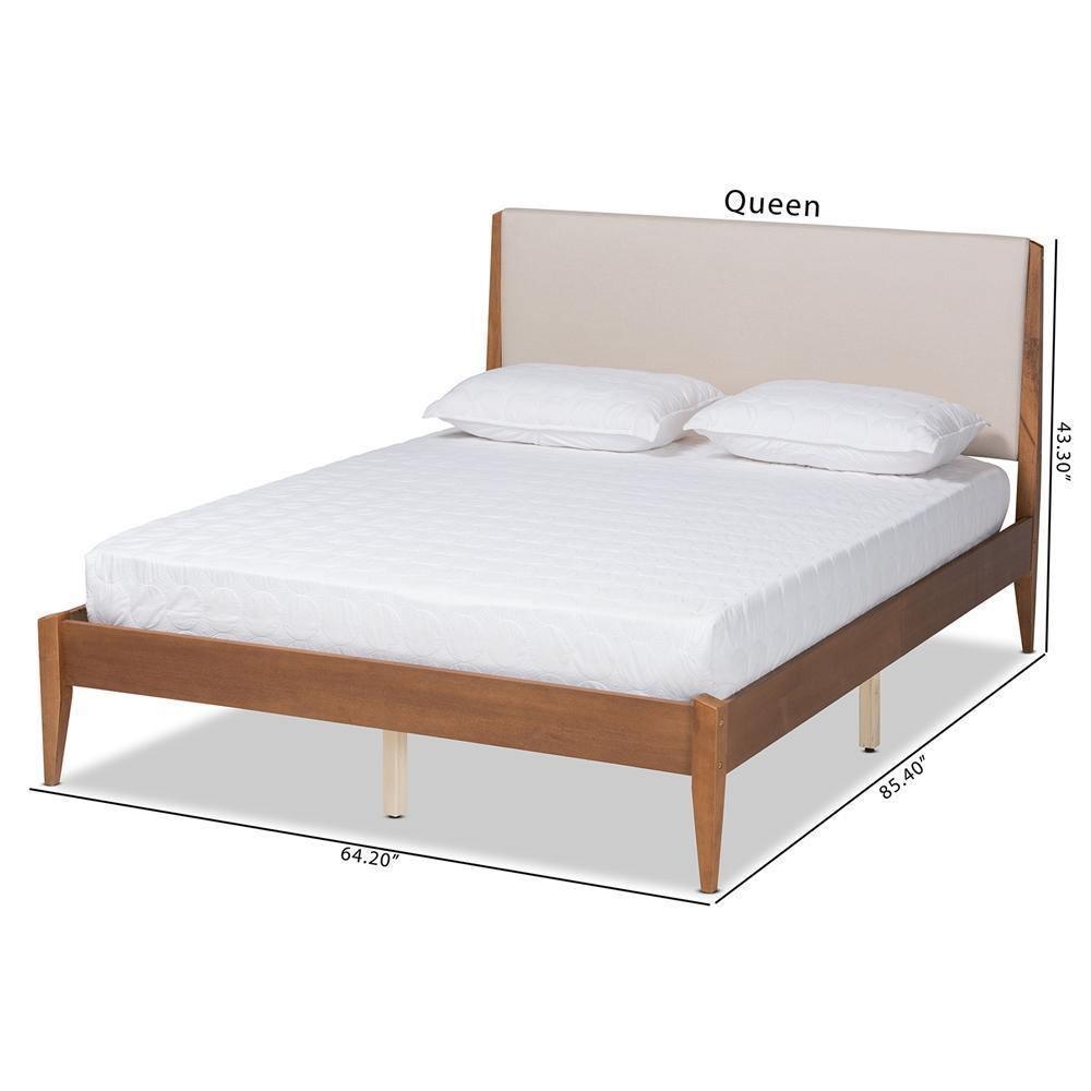 Lenora Mid-Century Modern Beige Fabric Upholstered and Walnut Brown Finished Wood Queen Size Platform Bed FredCo
