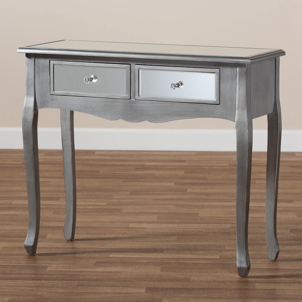 Leonie Modern Transitional French Brushed Silver Finished Wood and Mirrored Glass 2-Drawer Console Table FredCo