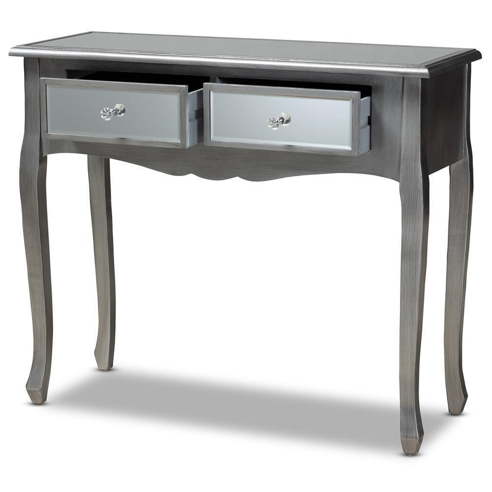 Leonie Modern Transitional French Brushed Silver Finished Wood and Mirrored Glass 2-Drawer Console Table FredCo
