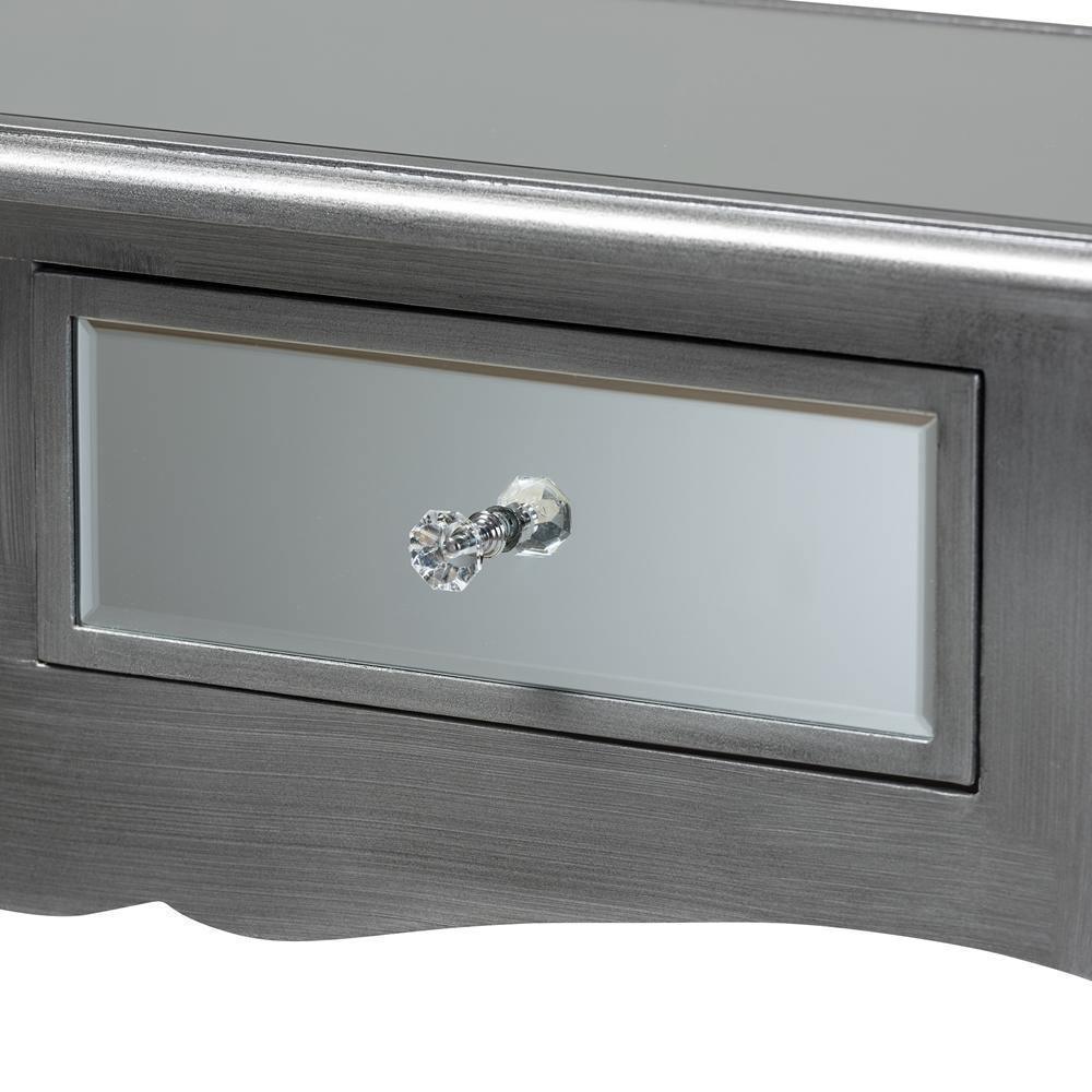 Leonie Modern Transitional French Brushed Silver Finished Wood and Mirrored Glass 2-Drawer Console Table FredCo