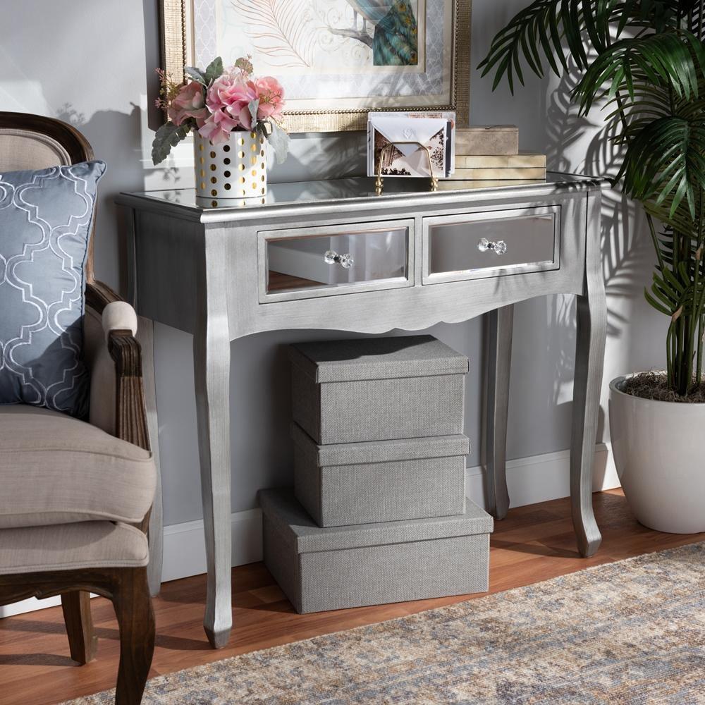 Leonie Modern Transitional French Brushed Silver Finished Wood and Mirrored Glass 2-Drawer Console Table FredCo