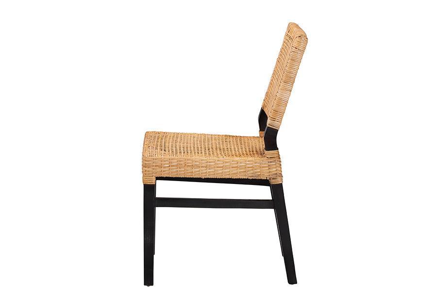 Lesia Modern Bohemian Natural Brown Rattan and Espresso Brown Mahogany Wood Dining Chair FredCo