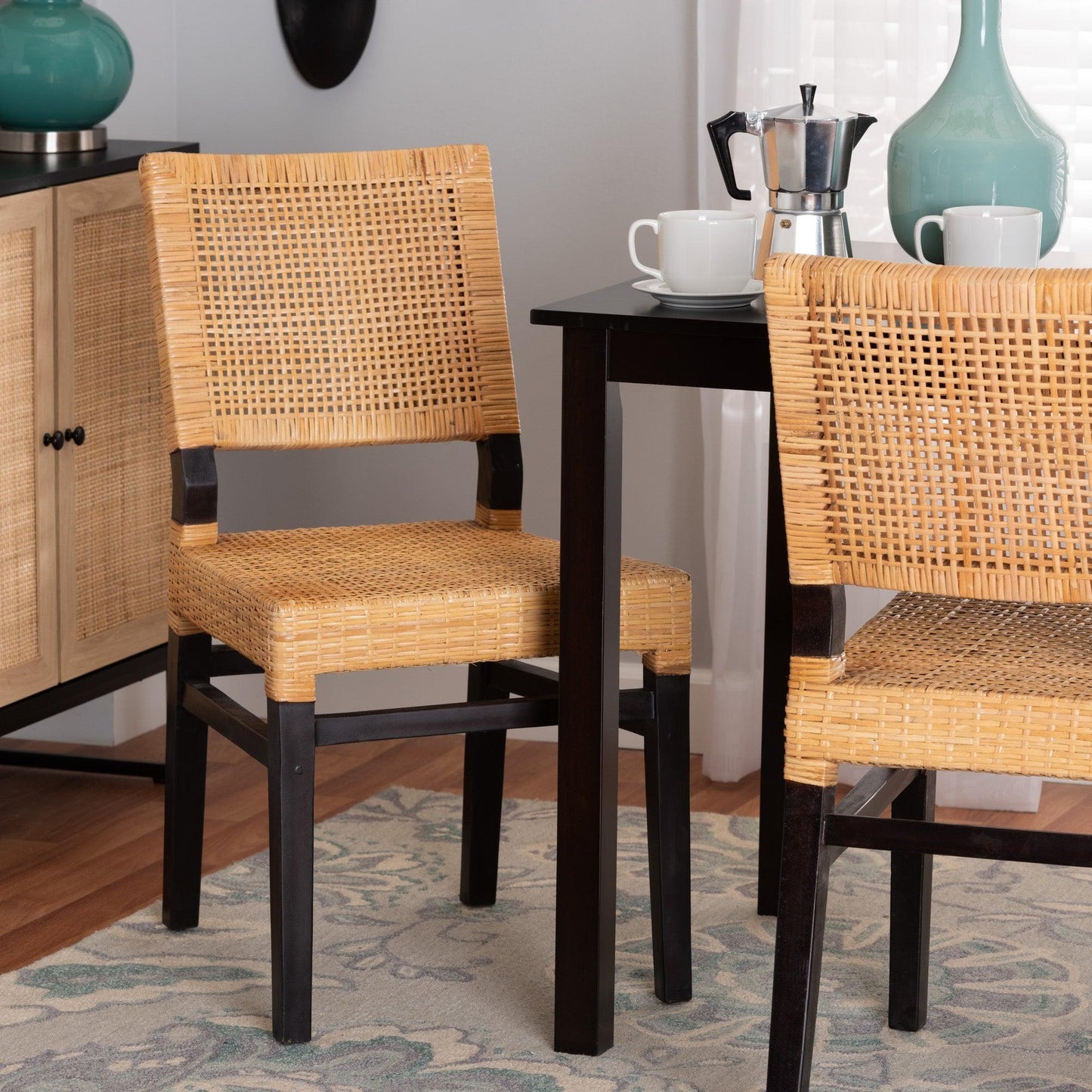 Lesia Modern Bohemian Natural Brown Rattan and Espresso Brown Mahogany Wood Dining Chair FredCo
