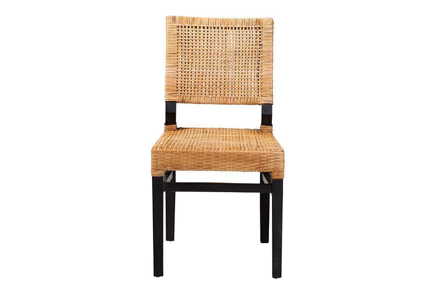 Lesia Modern Bohemian Natural Brown Rattan and Espresso Brown Mahogany Wood Dining Chair FredCo