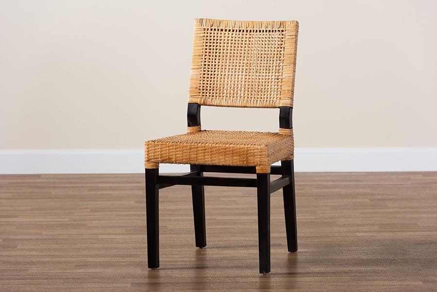 Lesia Modern Bohemian Natural Brown Rattan and Espresso Brown Mahogany Wood Dining Chair FredCo