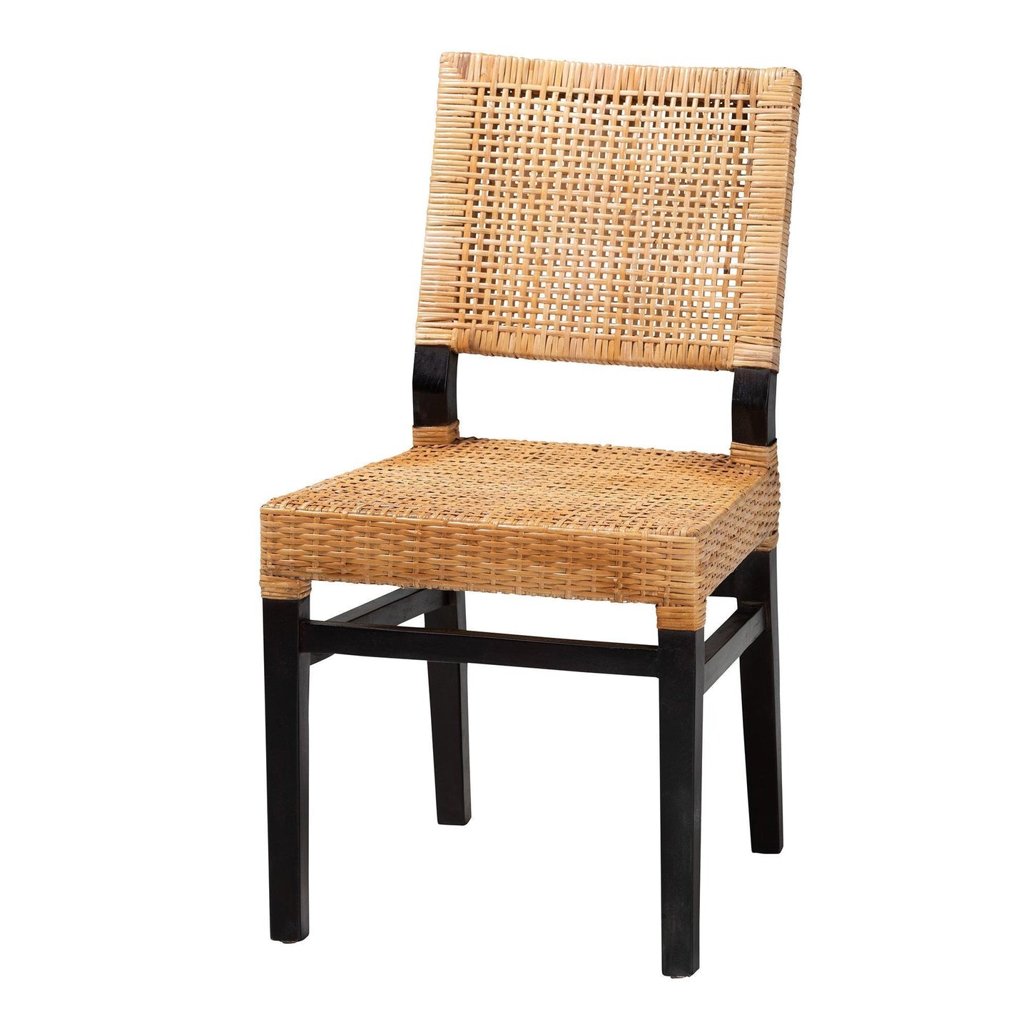 Lesia Modern Bohemian Natural Brown Rattan and Espresso Brown Mahogany Wood Dining Chair FredCo