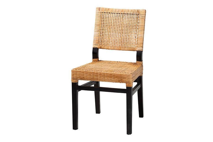 Lesia Modern Bohemian Natural Brown Rattan and Espresso Brown Mahogany Wood Dining Chair FredCo
