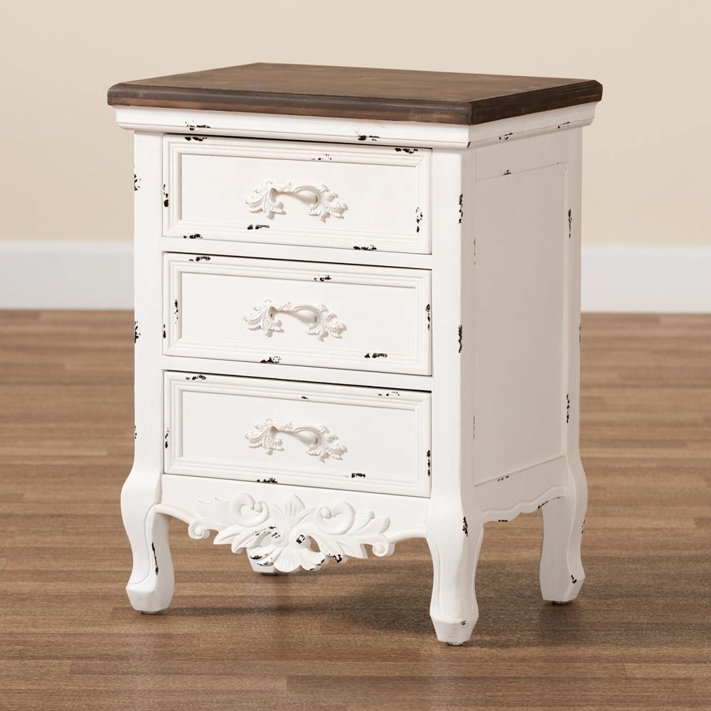 Levron Classic and Traditional Walnut Brown and Antique White Finished Wood 3-Drawer Nightstand FredCo