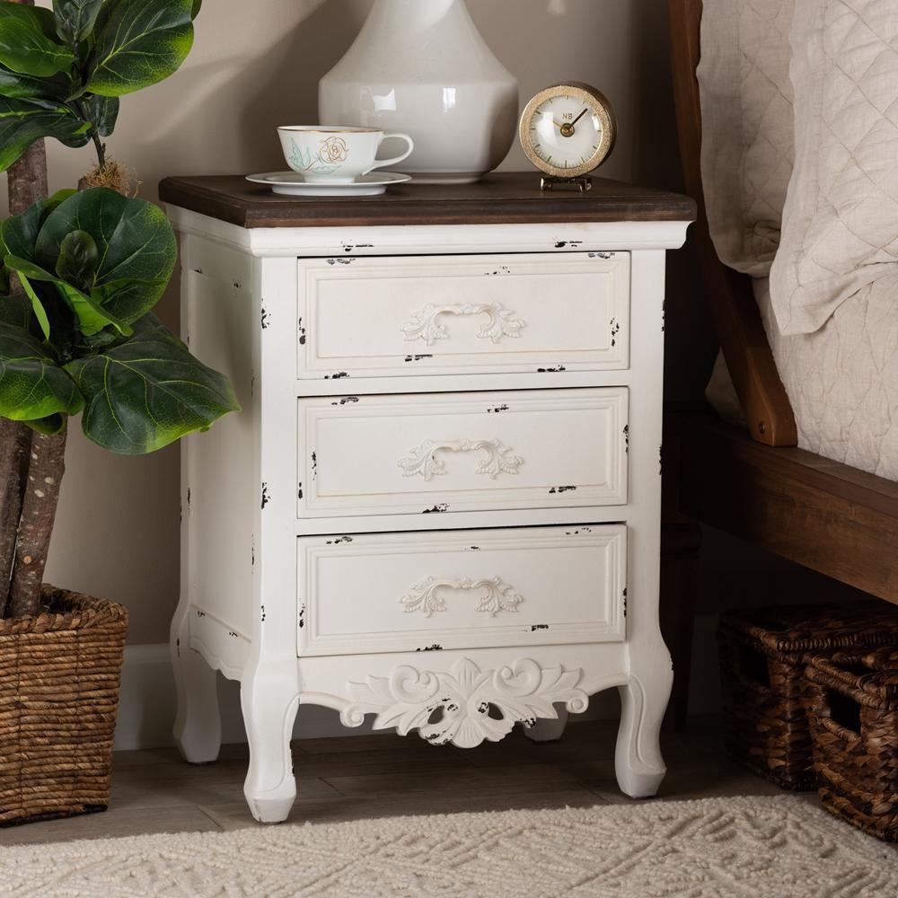 Levron Classic and Traditional Walnut Brown and Antique White Finished Wood 3-Drawer Nightstand FredCo
