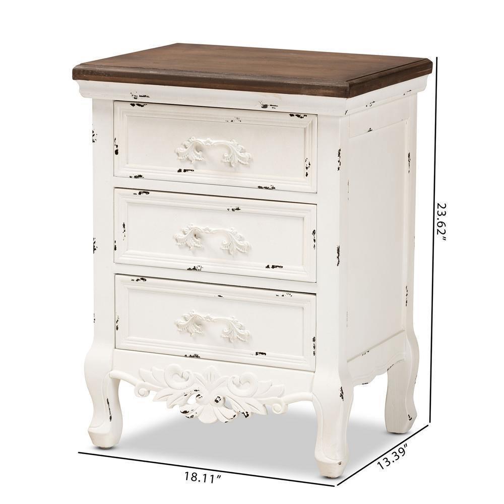 Levron Classic and Traditional Walnut Brown and Antique White Finished Wood 3-Drawer Nightstand FredCo