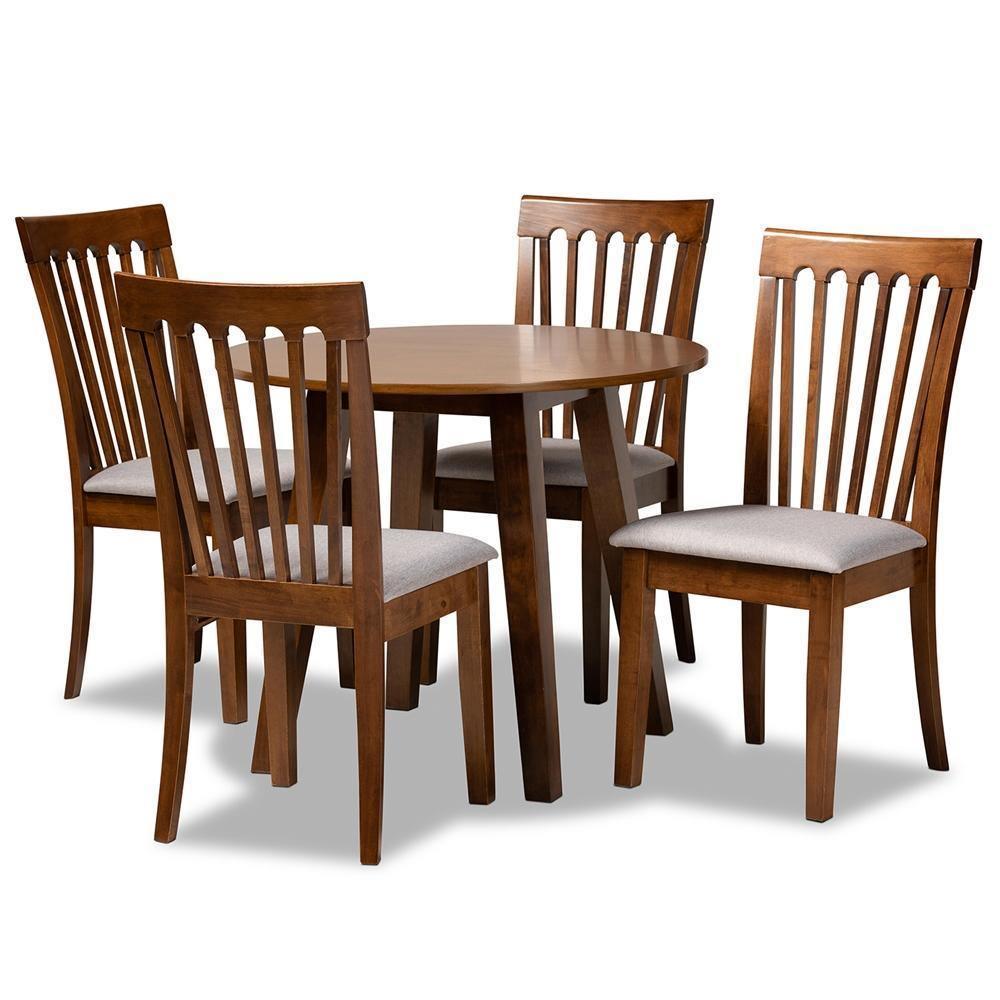 Lida Modern and Contemporary Grey Fabric Upholstered and Walnut Brown Finished Wood 5-Piece Dining Set FredCo