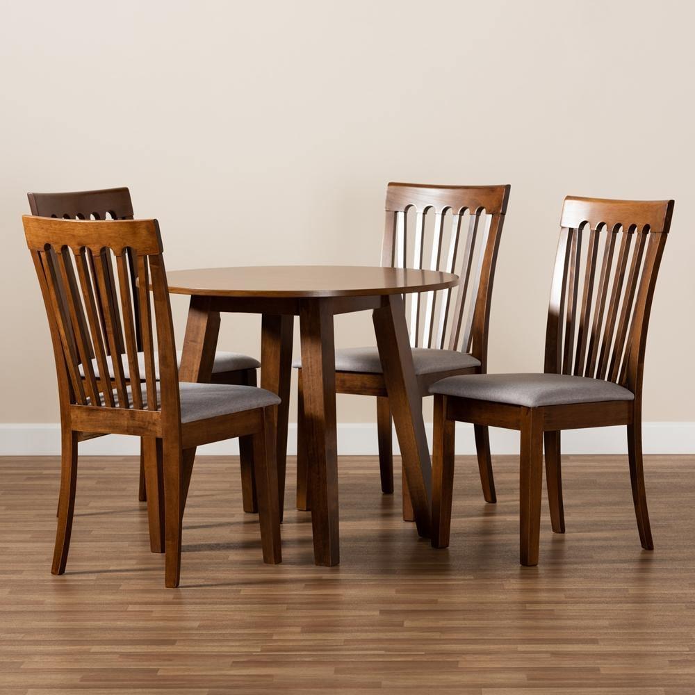 Lida Modern and Contemporary Grey Fabric Upholstered and Walnut Brown Finished Wood 5-Piece Dining Set FredCo