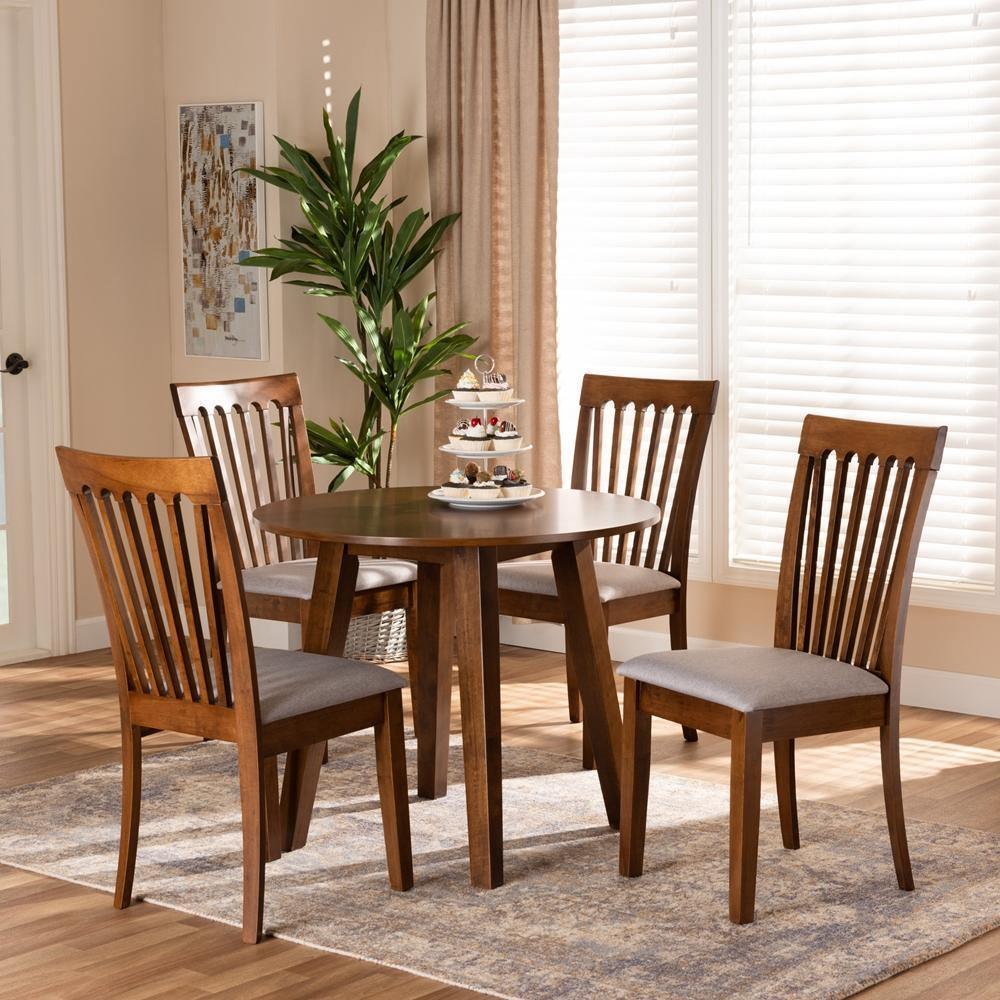 Lida Modern and Contemporary Grey Fabric Upholstered and Walnut Brown Finished Wood 5-Piece Dining Set FredCo