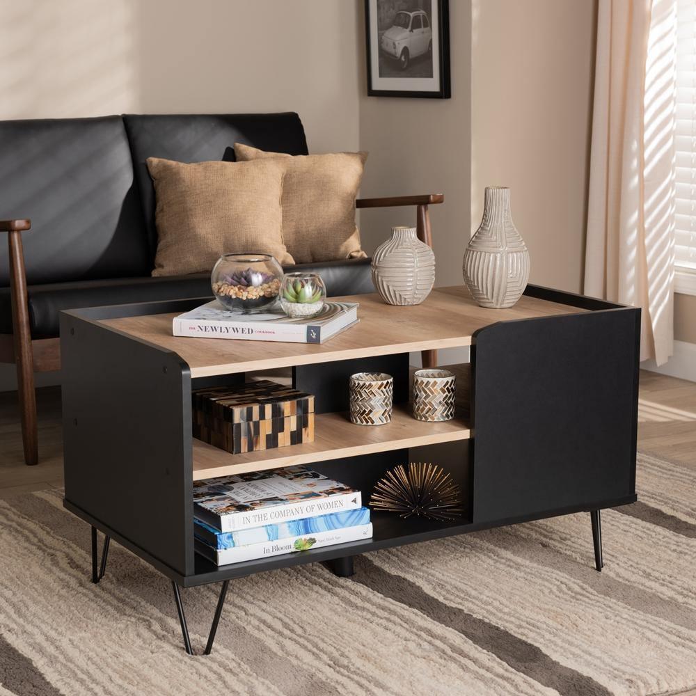 Lilith Modern and Contemporary Two-Tone Black and Oak Brown Finished Wood and Metal 3-Tier Coffee Table FredCo
