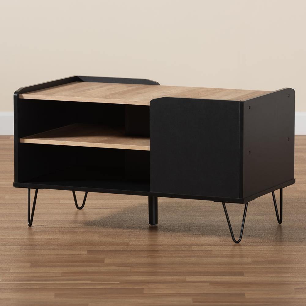 Lilith Modern and Contemporary Two-Tone Black and Oak Brown Finished Wood and Metal 3-Tier Coffee Table FredCo