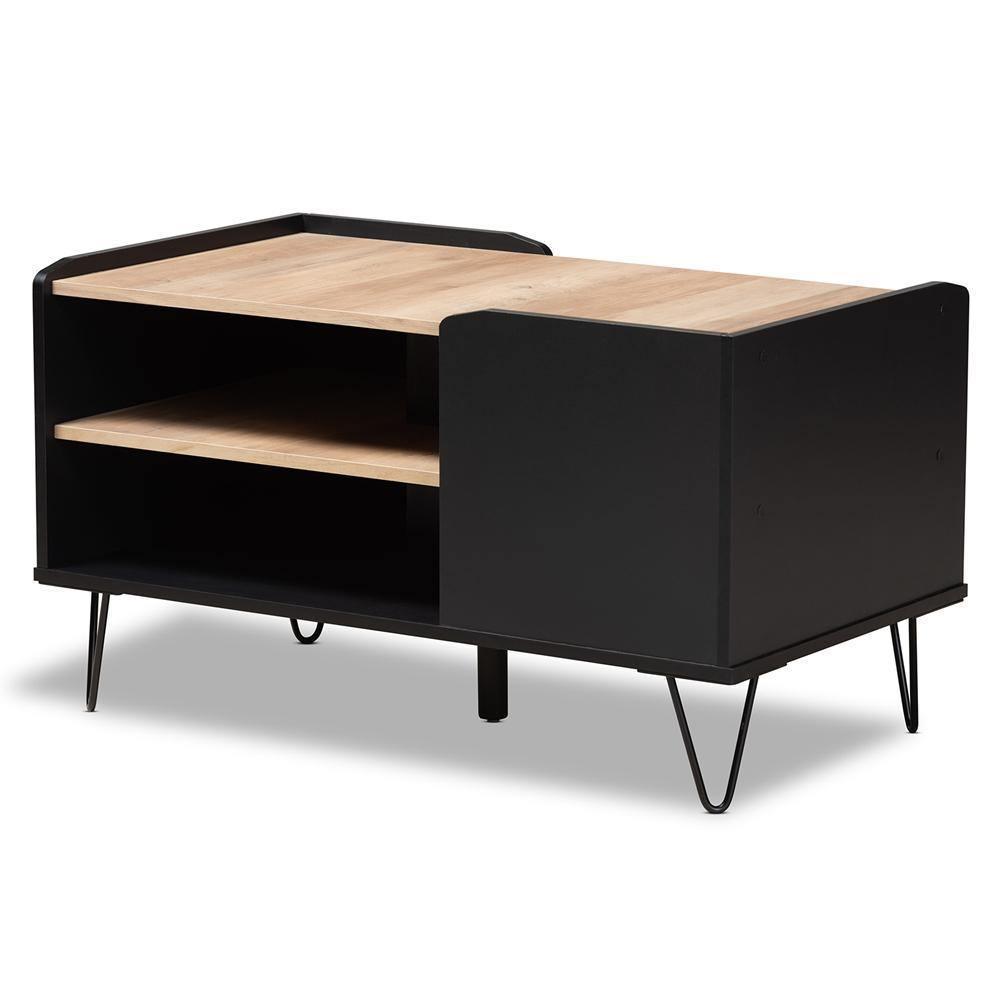 Lilith Modern and Contemporary Two-Tone Black and Oak Brown Finished Wood and Metal 3-Tier Coffee Table FredCo