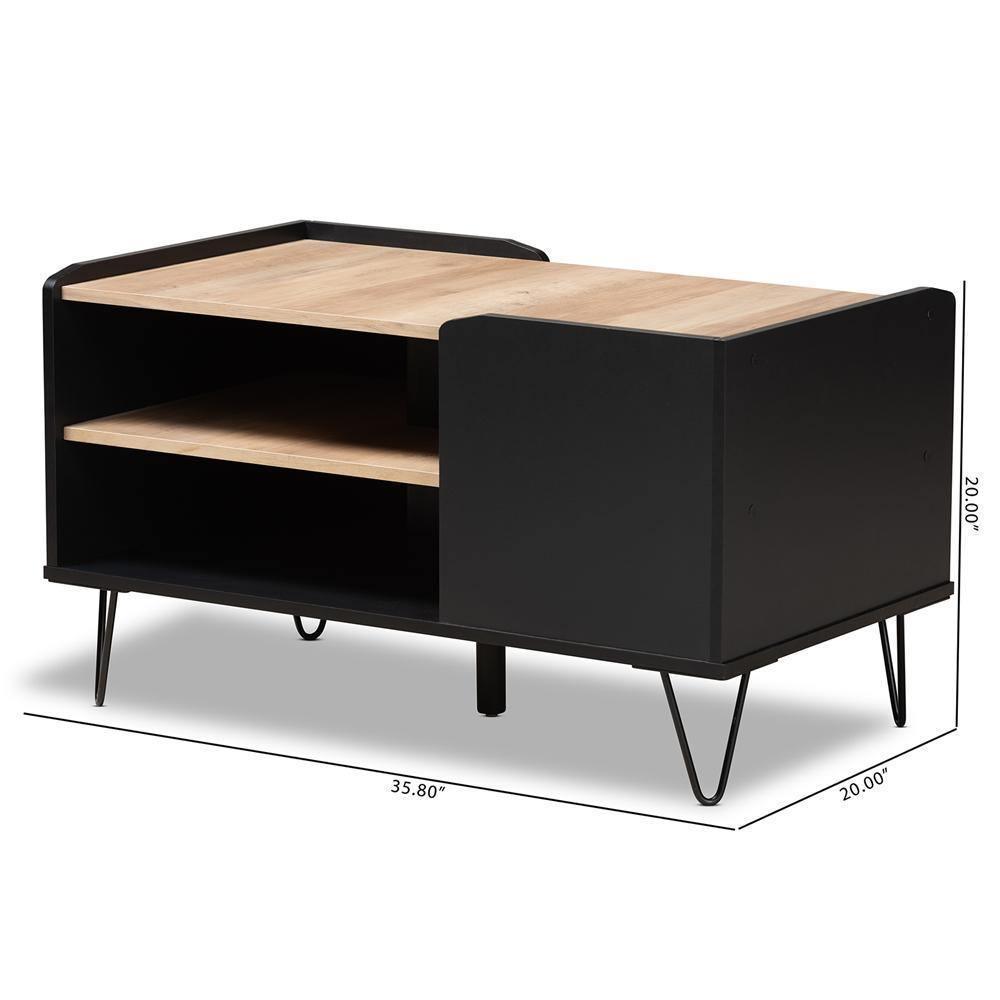 Lilith Modern and Contemporary Two-Tone Black and Oak Brown Finished Wood and Metal 3-Tier Coffee Table FredCo