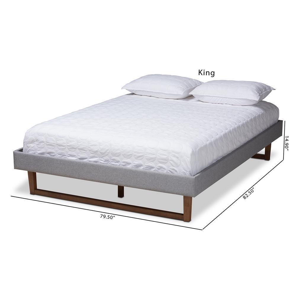 Liliya Mid-Century Modern Light Grey Fabric Upholstered Walnut Brown Finished Wood Queen Size Platform Bed Frame FredCo