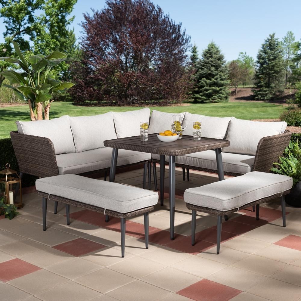 Lillian Modern and Contemporary Light Grey Upholstered and Brown Finished 5-Piece Woven Rattan Outdoor Patio Set FredCo