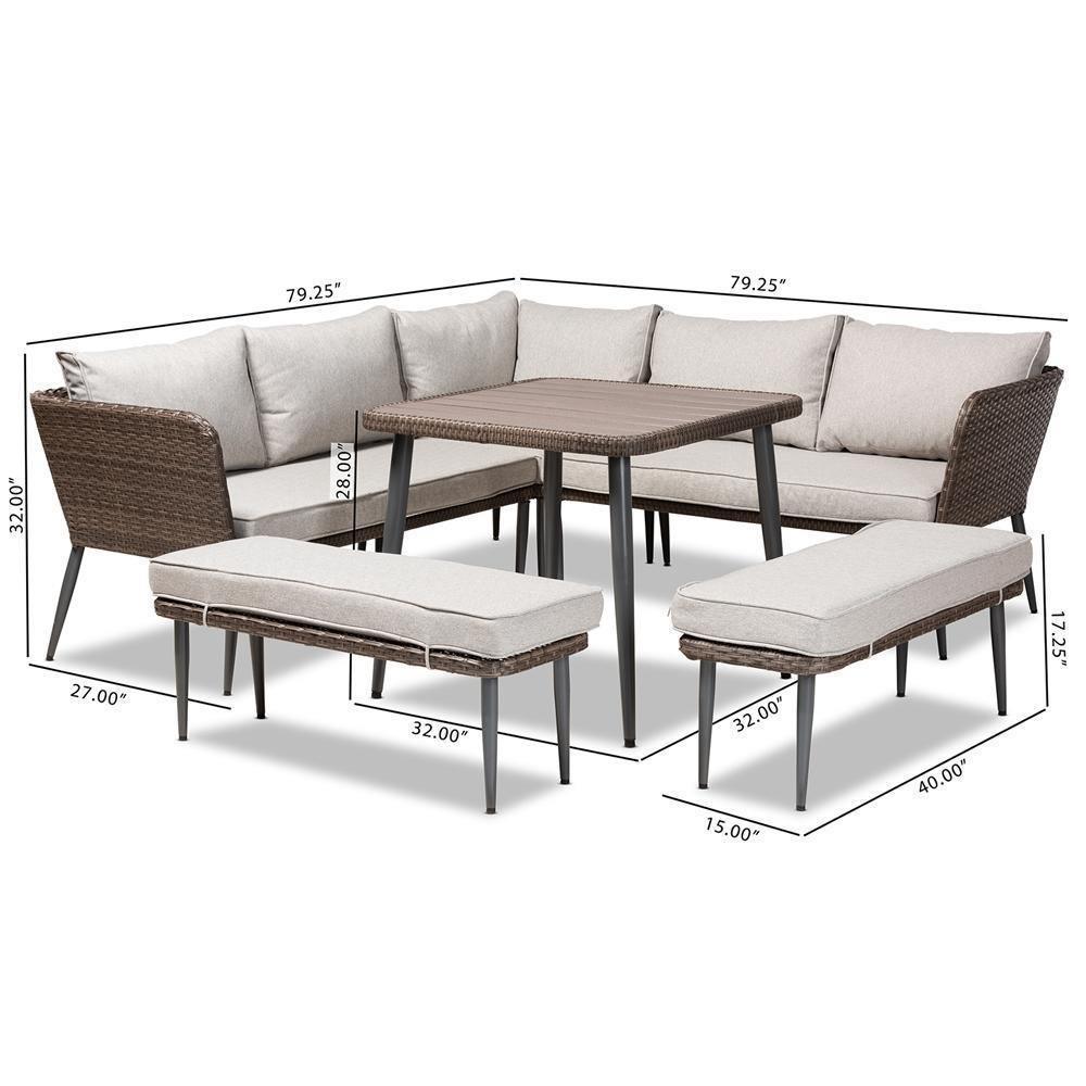 Lillian Modern and Contemporary Light Grey Upholstered and Brown Finished 5-Piece Woven Rattan Outdoor Patio Set FredCo
