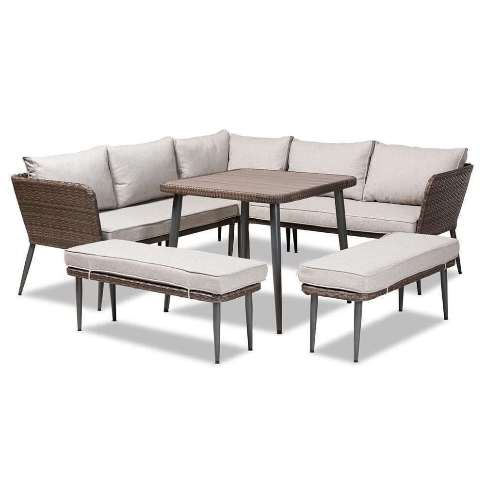 Lillian Modern and Contemporary Light Grey Upholstered and Brown Finished 5-Piece Woven Rattan Outdoor Patio Set FredCo