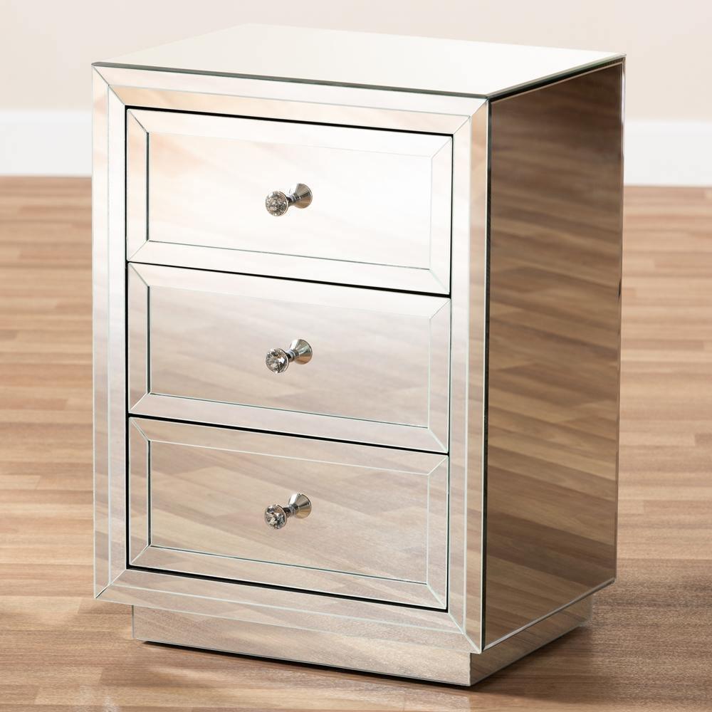 Lina Modern and Contemporary Hollywood Regency Glamour Style Mirrored Three Drawer Nightstand Bedside Table FredCo