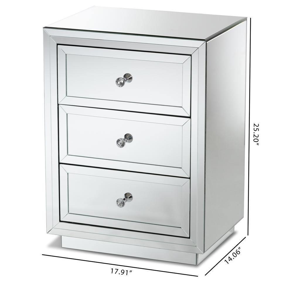 Lina Modern and Contemporary Hollywood Regency Glamour Style Mirrored Three Drawer Nightstand Bedside Table FredCo