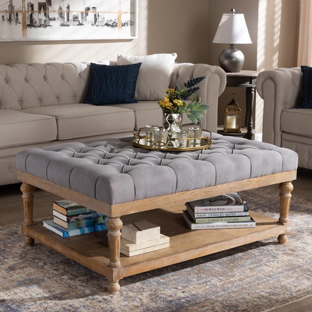 Lindsey Modern and Rustic Grey Linen Fabric Upholstered and Greywashed Wood Cocktail Ottoman FredCo