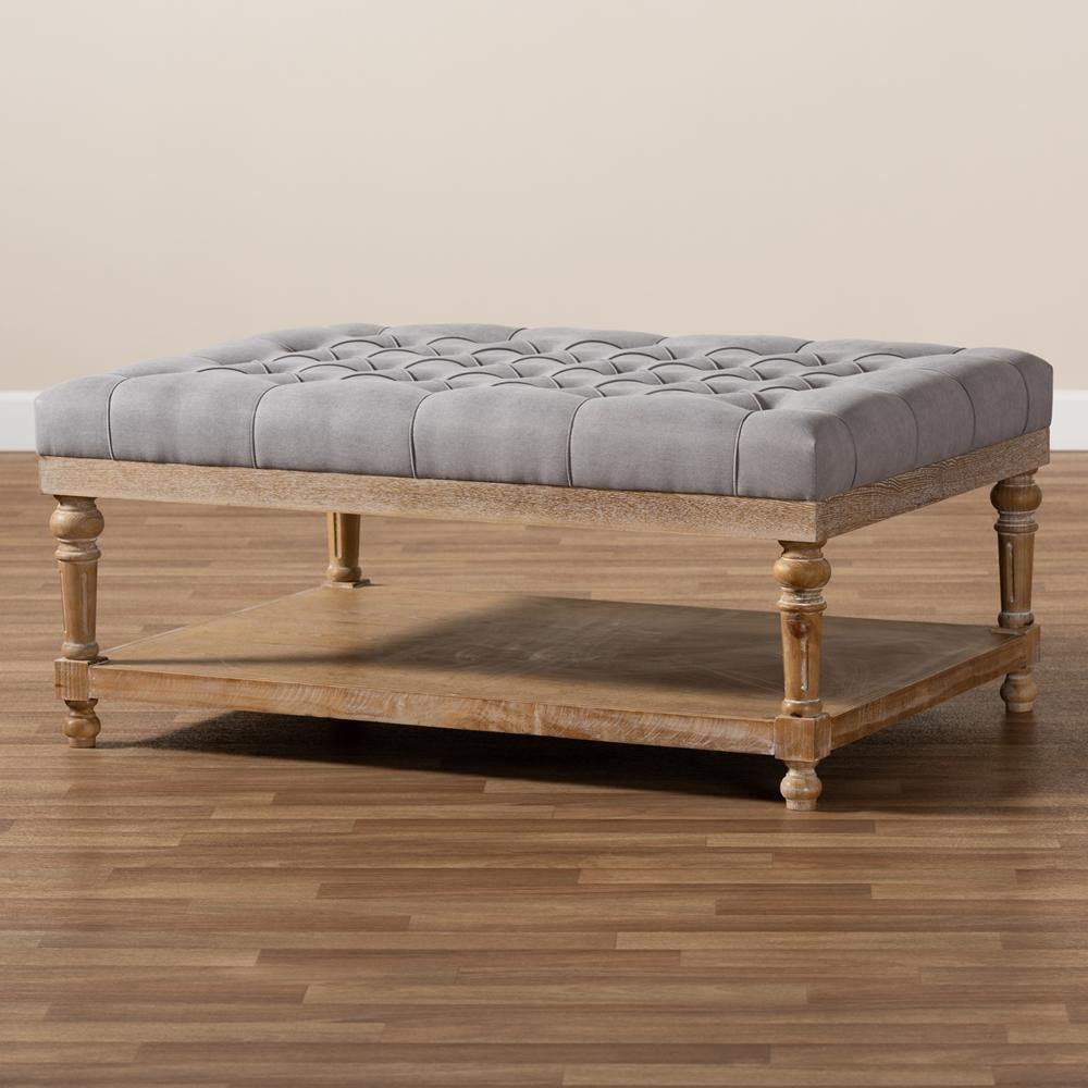 Lindsey Modern and Rustic Grey Linen Fabric Upholstered and Greywashed Wood Cocktail Ottoman FredCo
