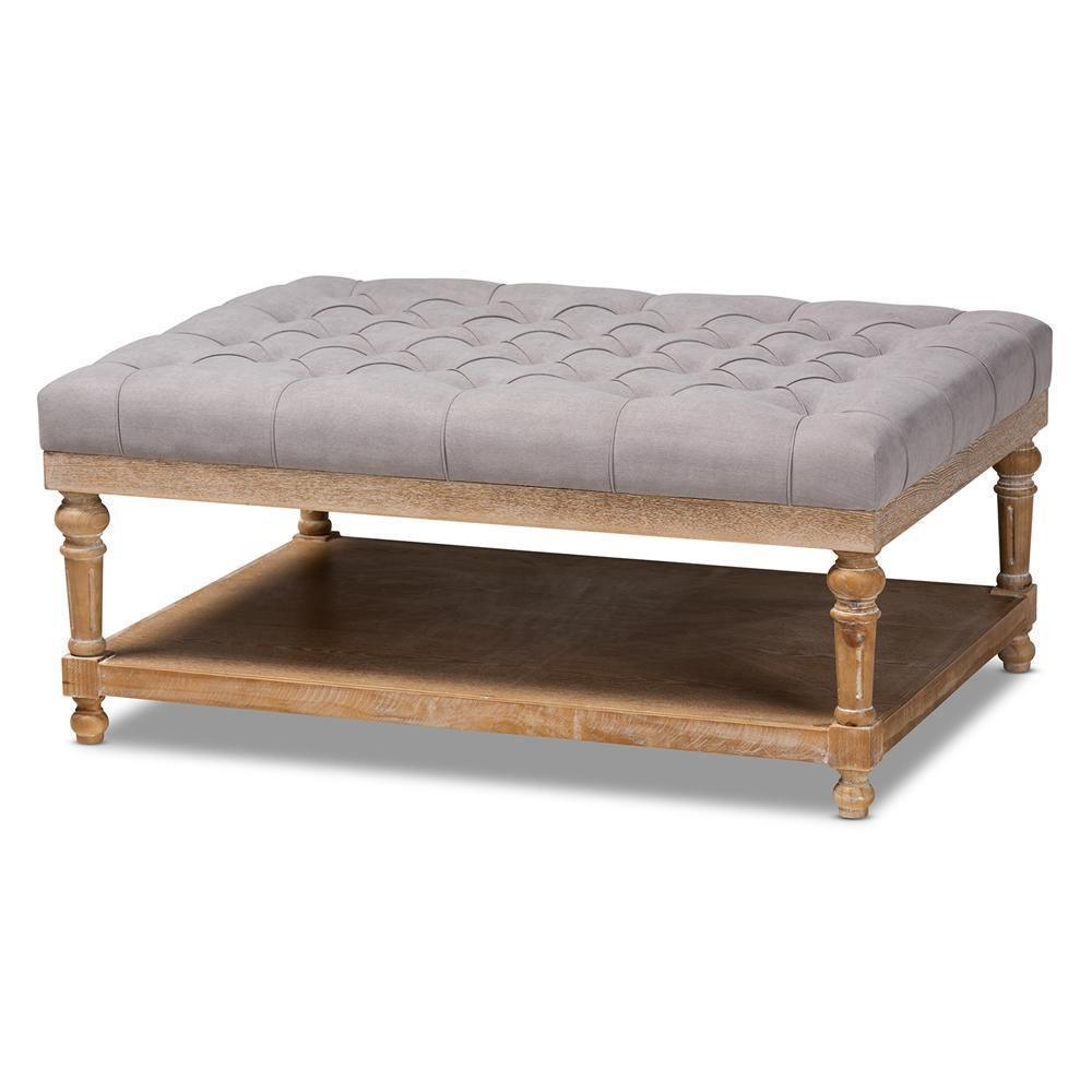 Lindsey Modern and Rustic Grey Linen Fabric Upholstered and Greywashed Wood Cocktail Ottoman FredCo