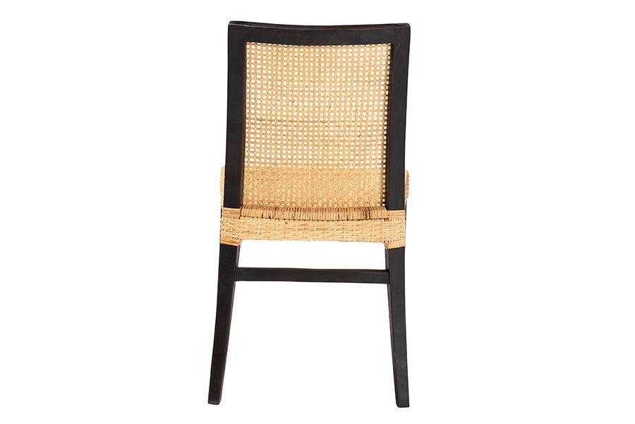 Lingga Modern Bohemian Dark Brown Mahogany Wood and Natural Rattan Dining Chair FredCo